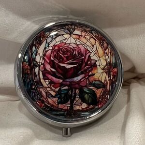 Whimsical Stained Glass Rose Travel Pill Box 3 Compartment Medicine Case NEW 🌹